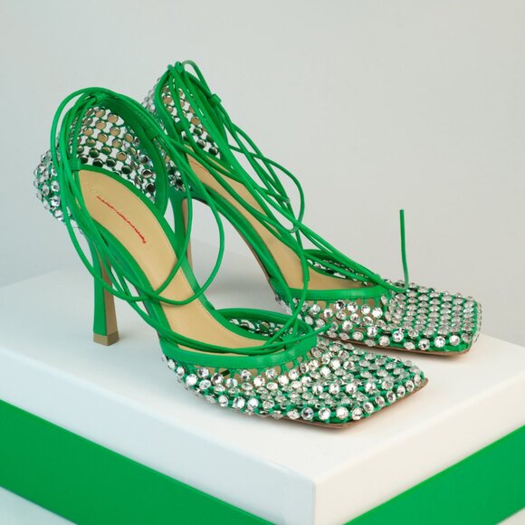 Bottega Veneta Sparkle Stretch Lace-Up Sandals, Parakeet Green, EU 38.5 - Picture 1 of 14